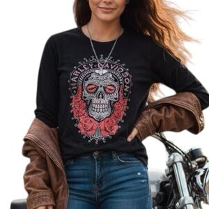 Harley-Davidson Black Sugar Skull Rose Rhinestone Graphic Long Sleeve Tee Small